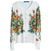 White Long Sleeve Floral Print Round Neck Cardigan