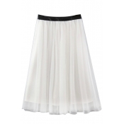 Plain High Waist Layered Mesh Insert Midi Skirt