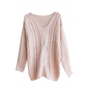 Long Sleeve V-Neck Cable Knit Loose Sweater