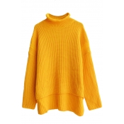 Yellow Long Sleeve High Neck High Low Hem Sweater