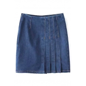 Plain Pleated High Waist Zip Side Button Detail Denim Wrap Mini Skirt