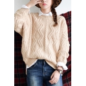 Apricot Round Neck Long Sleeve Cable Knitted Sweater