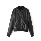Black Plain Stand Collar Zip PU Jacket