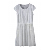 White Cap Sleeve Hollow Drawstring Waist Lace Dress