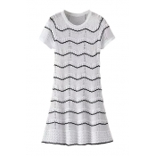 White Short Sleeve Stripe Print Knit Dress