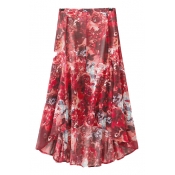 Floral Ink Print High Waist Slit Front Asymmetric Midi Skirt