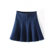 Plain High Waist Pleated Flair Denim Mini Skirt