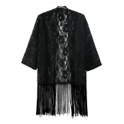 Black Sheer Lace Half Sleeve Tassel Hem Kimono