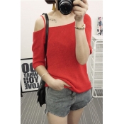 Plain Off The Shoulder Loose Knitted Sweater