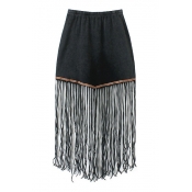 Black Elastic High Waist Tassel Hem Skirt