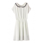 Nautical Style Plain V-Neck Elasticated Waist Short Sleeve A-Line Dress