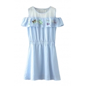 Blue Open Shoulder Ruffle Trim Floral Embroidered Dress