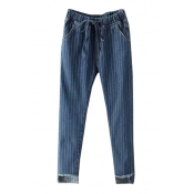 Striped Elastic Drawstring Distressed Crop Jeans