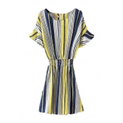 Short Sleeve Colorful Stripe Print Ruffle Trim Dress
