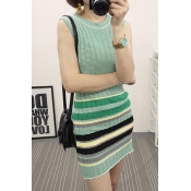 Striped Round Neck Sleeveless Fitted Knitted Dress
