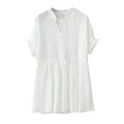 White Stand Up Batwing Floral Embroidered Smock Dress