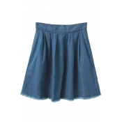 Plain High Waist Tassel Trim Denim Mini Skirt