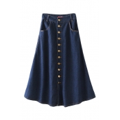 Plain Button Double Pocket High Waist Denim Maxi Skirt