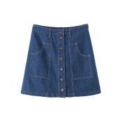 Plain Button Double Pocket High Waist Denim A-Line Skirt