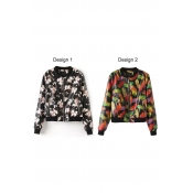 Colorful Print Stand Collar Long Sleeve PU Coat
