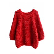 3/4 Sleeve Open Knit Batwing Loose Sweater