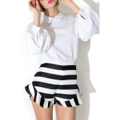 Black-White Stripe Ruffle Hem High Waist Shorts