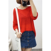 Plain V-Neck 3/4 Sleeve Loose Knitted Sweater