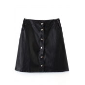 Plain Button High Waist PU A-Line Mini Skirt