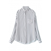 White Background Stripe Lapel Single Pocket Long Sleeve Boyfriend Shirt