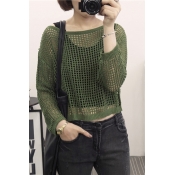 Plain Cutout Sheer Long Sleeve Crop Knitted Sweater
