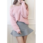 Plain Off The Shoulder Ripped Long Sleeve Sweater