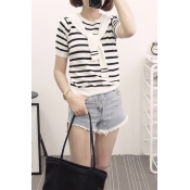 Striped Round Neck Short Sleeve Knitted Sweater