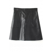 Plain High Waist Zip Back Double Pocket PU A-Line Mini Skirt