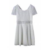 White Squared Neck Short Sleeve Organza Stripe Dress