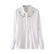 Plain Floral Embroidery Lapel Long Sleeve Shirt