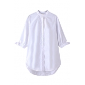 Plain Single-Breasted 3/4 Length Sleeve High Low Tunic Shirt
