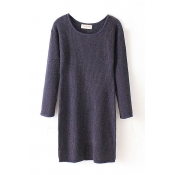 Plain Round Neck Long Sleeve Tunic Knit Sweater Dress