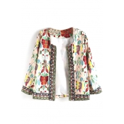 Tribal Floral Print Round Neck Open Front Long Sleeve Coat