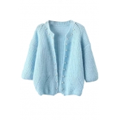 Plain Round Neck 3/4 Length Sleeve Beaded Knit Open Front Cardigan