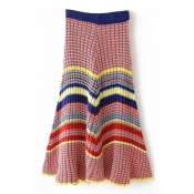 Rainbow Stripe Elastic Waist Ruffle Hem Knit Maxi Flared Skirt