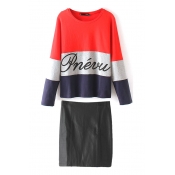 Color Block Round Neck Long Sleeve Top with PU Mini Wrap Skirt