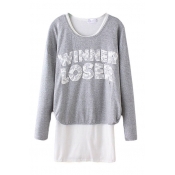 Letter Print Round Neck Long Sleeve T-Shirt with Plain Tank Dress