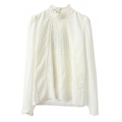 Plain Stand Collar Pleated Front Long Sleeve Shirt