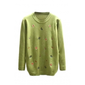 Cartoon Embroidery Long Sleeve Round Neck Sweater