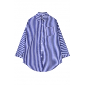 Stripe Cartoon Back Lapel Single-Breasted Pocket Long Sleeve Shirt