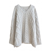 Plain Round Neck Batwing Sleeve Cable Loose Sweater