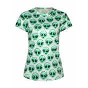 Cartoon Aliens Print Round Neck Short Sleeve T-Shirt