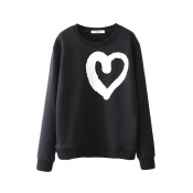 Black Heart Print Round Neck Long Sleeve Sweatshirt