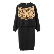 Tiger Pattern Round Neck Long Sleeve Sweater with Knit Pencil Skirt