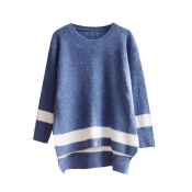 Round Neck High Low Long Sleeve Color Block Sweater